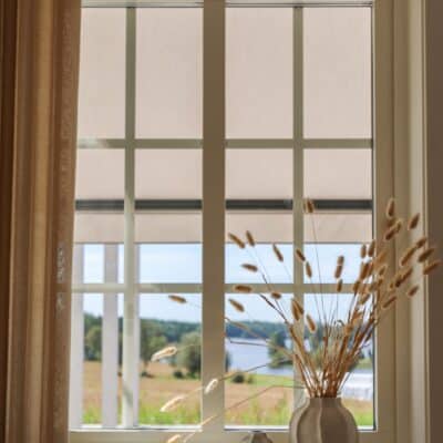 Utsikt genom ett spröjsat fönster med beige markis och vas med torkade strån i förgrunden.