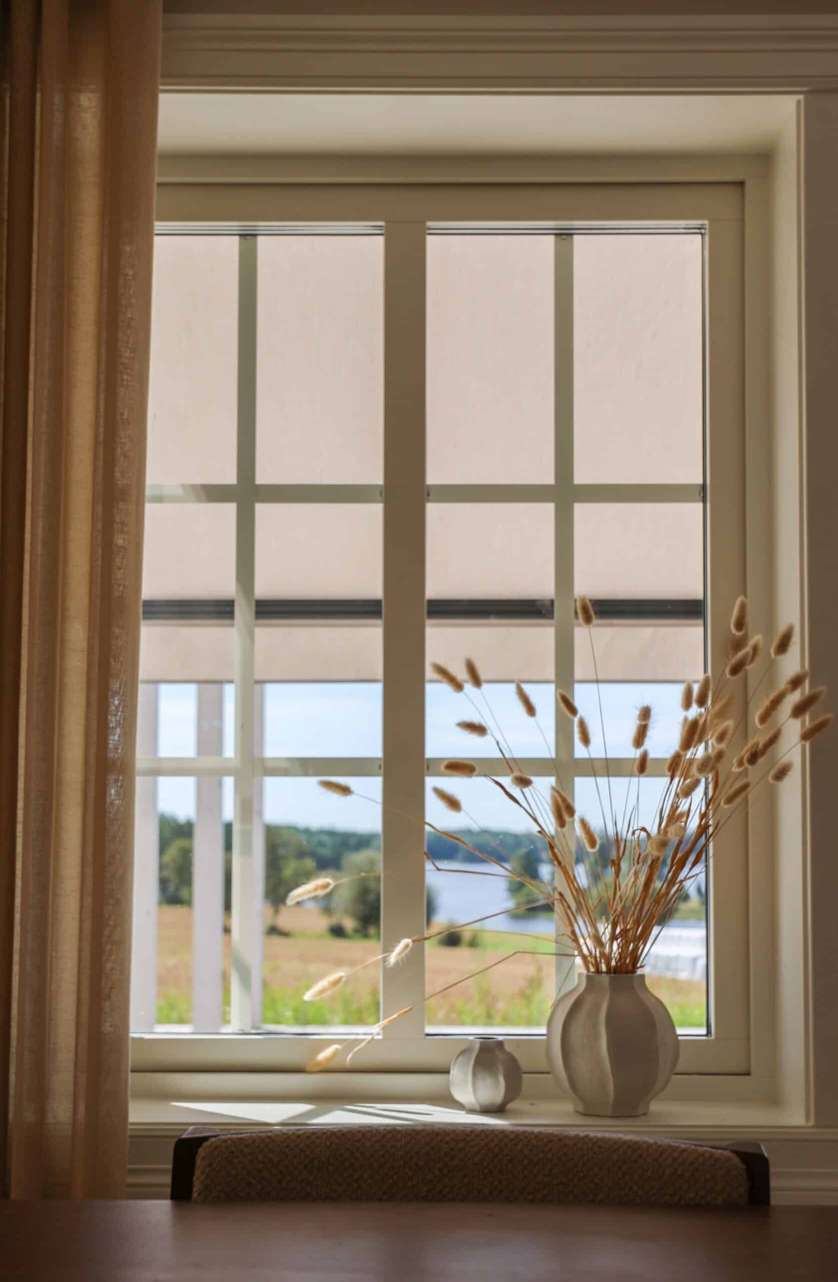 Utsikt genom ett spröjsat fönster med beige markis och vas med torkade strån i förgrunden.